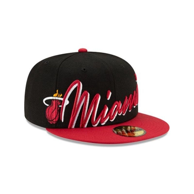 Black Miami Heat Hat - New Era NBA Cursive 59FIFTY Fitted Caps USA4073126